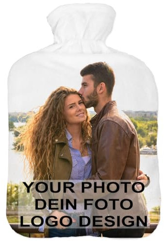 Personalizado Bolsa de agua caliente caucho forro polar 2 litros Botella De Agua De Gran Capacidad Una botella con un colorido suéter Blanco con tu foto/texto [092]