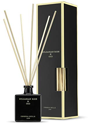 Cereria Molla 1899 Bulgarian Rose & Oud Reed Diffusor 100ml Flasche mit Rattanstäbchen, Maße: 5,5cm x 5,5cm x 8cm, 1324