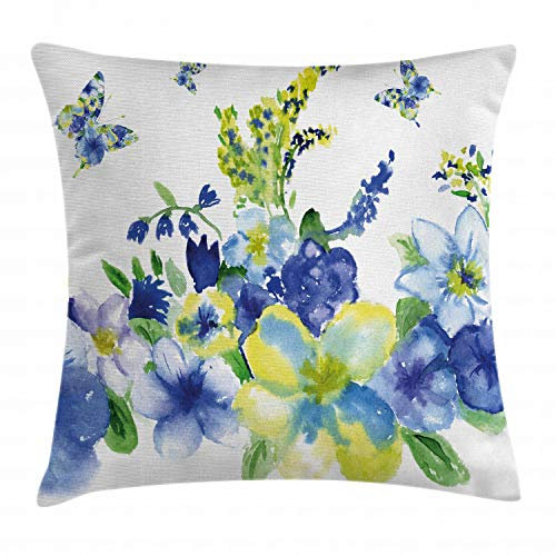 ABAKUHAUS Floral Kissenbezug, Frühlings-Blüte, Kissenhülle mit Reißverschluss Waschbar Farbfest Beidseitiger Druck, 40 x 40 cm, Königsblau Lindgrün