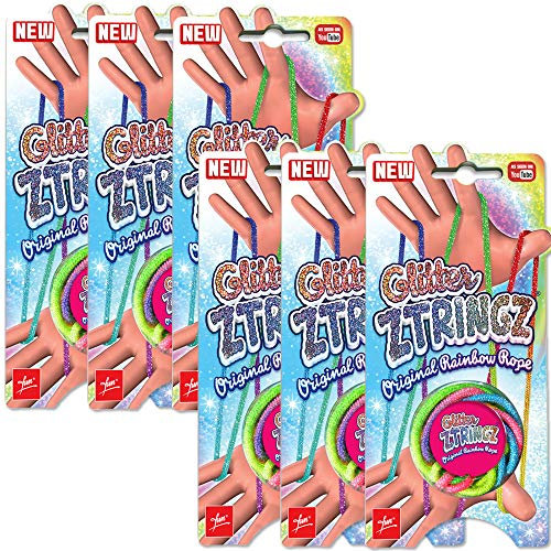Fun 6 Stück Glitter Ztringz Fadenspiel Fingerspiel Fingertwist Seilspiel Abnehmspiel Hände Kinder Regenbogen Glitzer Mehrfarbig