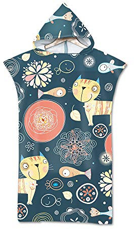 FANSU Strand Poncho Kapuze, Mikrofaser Strandtücher Badeponcho Bade Bademantel Schwimmen Surfing Sport Handtuch Badetuch Duschtücher Handtücher Für Damen Herren (75 * 110cm,Katze und Fisch)