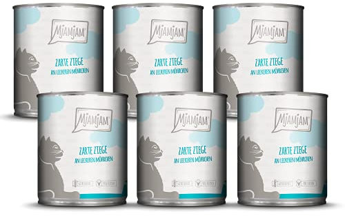 MjAMjAM - Premium Nassfutter für Katzen - zarte Ziege an leckeren Möhrchen, 6er Pack (6 x 800 g), getreidefrei mit extra viel Fleisch