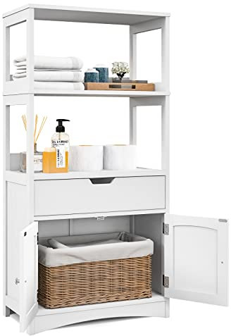 Giantex Meuble de Salle de Bain avec Tiroir, Meuble de Rangement avec 2 Compartiments Ouverts, Armoire Haute en Bois avec Placard 2 Portes, pour Salle de Bain, Cuisine, Salon (Blanc)