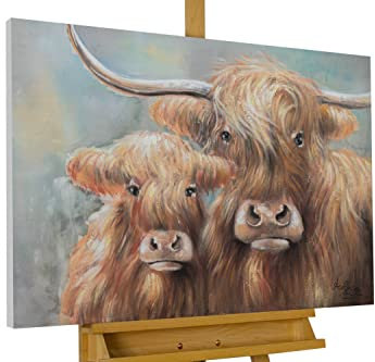 KunstLoft Leinwandbild | 100% HANDGEMALT | 100x75cm | Gemälde 'Schulter an Schulter' | Kuh | Braun | Wandbild Wohnzimmer