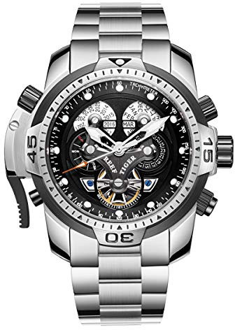 REEF TIGER Sport Herrenuhr Automatik Komplizierte Uhr mit Rostfreier Stahl Armband RGA3503 (RGA3503-YBY)