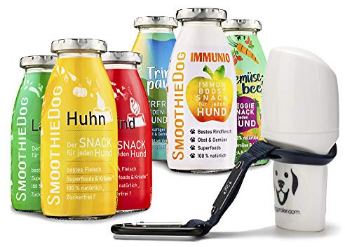 SmoothieDog Hundesmoothie 6er Mix + Doggyroller m. Halter, Karabiner Blau - je 1x: Huhn, Rind, Lamm, Ente, Immunio, Veggie - Flüssiges Hundeleckerli - Zucker- & glutenfrei - Zubehör Hund - je 250ml