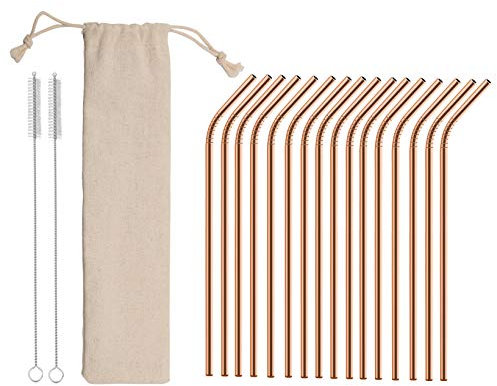 16 Edle Strohhalme aus Edelstahl Wiederverwendbar, Mit 2 Reinigungsbürsten und Tasche, Strohhalm aus Metal, Trinkhalm, Reusable Straws, Geschenk, Umweltfreundlich und Spülmaschinenfest (Rosé-Gold)