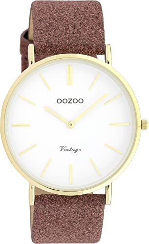 Oozoo Vintage Armbanduhr mit Glitzer Lederband 40 MM Goldfarben/Weiß/Rotbraun C20149