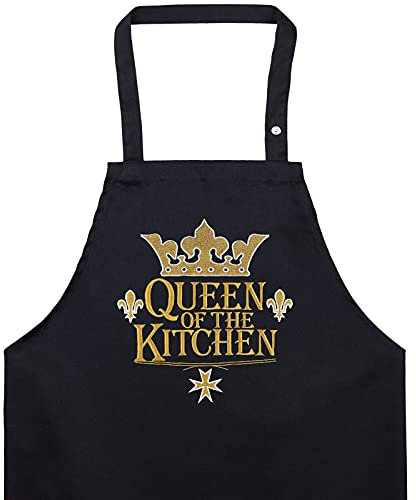 EXPRESS-STICKEREI Kochschürze Damen: QUEEN OF THE KITCHEN - bestickte Schürze verstellbar für Oma/Mama mit Spruch Frauen Schürze mit Tasche für Koch Königin - Sporttasche Mama