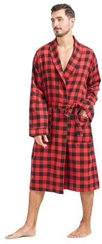 FashGudim Bademantel Herren Baumwolle Leicht Dünn Kurz Morgenmantel Herren Kariert Sommer Schalkragen Schottenmuster (Rot & Schwarz, L/XL)