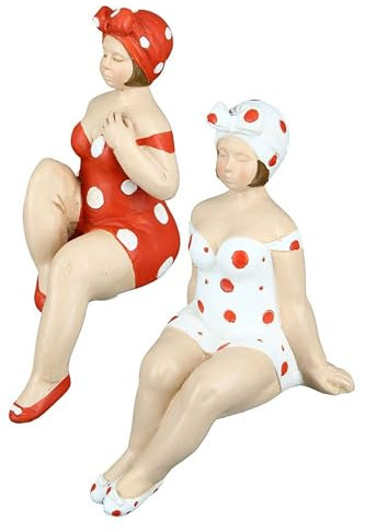 Tolles Themen Figuren Set, 2 Maritime nostalgische Strandnixen im rot weißen Badeanzug, Kantensitzer, Stabiler Kunststein, je ca. 13 x 8 x 8 cm