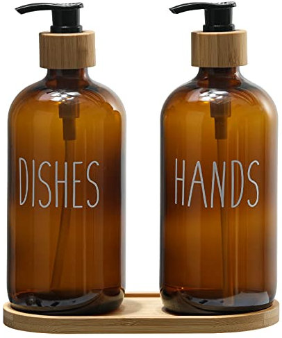 FEILANDUO Glass Soap Dispenser Set, Kitchen & Bathroom Dispenser with Bamboo Pump and Soap Tray, Farmhouse Home Decor (2pcs Amber)