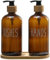 FEILANDUO Glass Soap Dispenser Set, Kitchen & Bathroom Dispenser with Bamboo Pump and Soap Tray, Farmhouse Home Decor (2pcs Amber)