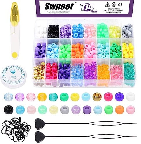 Swpeet 774Pcs 24 Colors Beads for Hair Braids Kit, Hair Beaders Rubber Bands, Including Candy Pony Beads, Elastic Rubber Bands, Quick Beaders for Kids Hair Braids, Scissors and Bead Thread