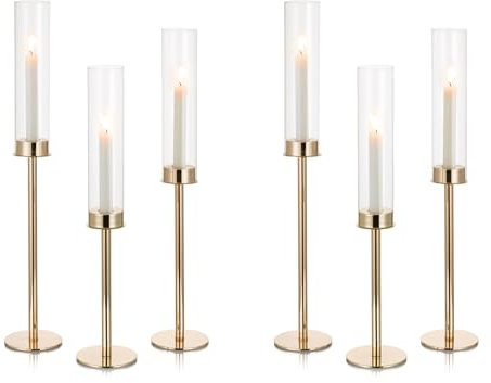 Nuptio Bougeoir Ouragan Or 60 & 55 & 50 cm: Bougeoirs en Métal Et Verre Transparent pour Bougie Conique, Grand Bougeoir Ouvert Abat-Jour Cylindrique, Décoration de Centre de Table pour Fête Mariage