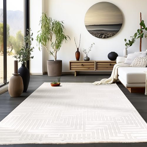 HomebyHome Kurzflor 3D Teppich - Skandinavischer Stil Modern - Creme - 160 x 230 cm - Waschbarer Wohnzimmer- und Schlafzimmerteppich mit Geometrischem Design