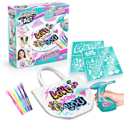 Canal Toys- Airbrush Art AIR 016- Textil-Airbrush-Set, Modedesign-Set mit Farbspritzkasten und Airbrush-Spritzpistole und Markern, 1 Set, mehrfarbig
