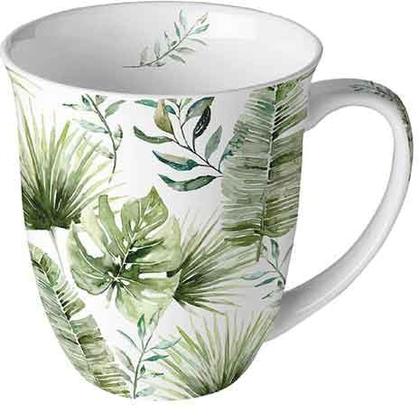 Ambiente Tasse en porcelaine d'environ 400 ml Tasse en porcelaine fine pour thé ou café Motif floral été printemps Jungle Leaves blanc