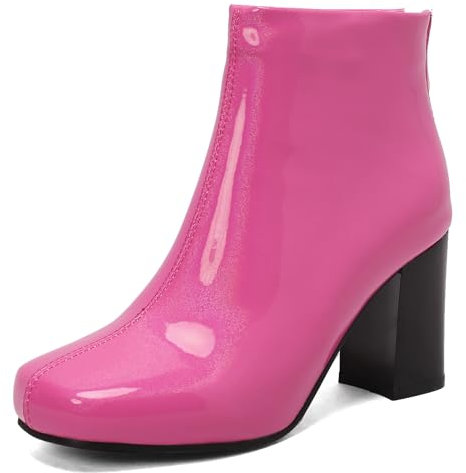 Gicoiz Damen Lack Chelsea Stiefel Hohen Blockabsatz Stiefel Runde Zehen Winter Mode Seitenreißverschluss Ankle Stiefeletten Warm Chunky Party Schuhe Rose-Rot Gr 42 EU-44Cn