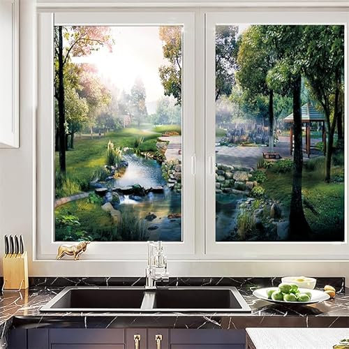 Vinilo para Cristales Paisaje Verde Protector de Privacidad para Ventanas de Oficina, Baño y Hogar - Anti UV 2P/45x100cm