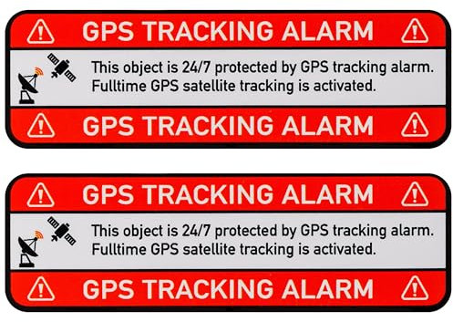 Aufkleber Set GPS TRACKING ALARM!, 2 Stück, 67 x 21 mm, selbstklebende Folie, außenklebend, Warnhinweis Sticker Innen- und Außenbereich, Diebstahl Schutz Klebesticker, Hinweissticker alarmgesichert