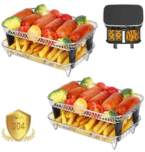 YQL 4 Layers Air Fryer Racks Stackable for Ninja Dual Zone A300UK, 304 Stainless Steel Air Fryer Accessories, Airfryer Trays with 8pcs Silicone Feet for Tower/Instant/Salter/EMtronics Dual Basket