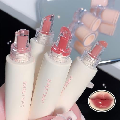 Baorder 4 Stück feuchtigkeitsspendender Jelly-Lipgloss, lang anhaltendes wasserdichtes Antihaft-Cup-Lippenglasur-Set, feuchtigkeitsspendender getönter Lippenbalsam,Spiegelflüssige Lippenstifte hellen