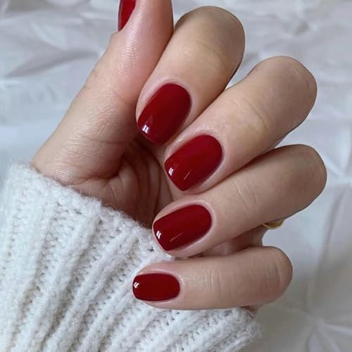 24 Stück Nägel zum Aufkleben - Glänzend Reine Farbe Press on Nails - Kurze Fingernägel zum Aufkleben Acryl Full Cover Künstliche Nägel für Frauen Mädchen Nail Art Maniküre (Rot, Normal)