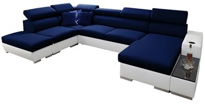 All4All Ecksofa mit Schlaffunktion Picanto 358 cm x 227 cm - Wohnlandschaft U-Form - Sofa mit Bettkasten - XXL Sofa - Groß - Gewebe mit Kunstleder - Rechte Seite - Dunkelblau/Weiß - Modern 26