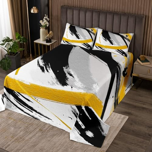 Homewish Couvre-Lit 170x230 avec 1 Taie d'oreiller, Dessus de Lit Noir Gris Jaune, Couverture de Lit Peinture À l'huile Graffiti, Jetés de Lit Abstrait Dégradé Contemporain Moderne