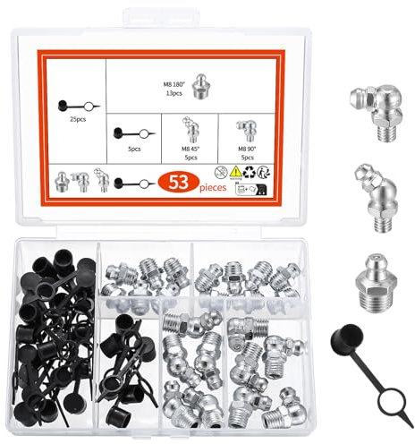 53 Pz Set di Ingrassatori, M8 Testine Ingrassatori Grasso Raccordo Assortimento, Raccordo per Ingrassatore ad Dritto e Angolato 45 ° 90 ° 180 °, Ingrassatore Idraulico, Incl 30 Cappucci Protettivi
