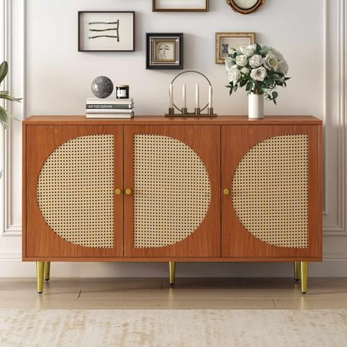 PUGSDRLY Wohnzimmer-Sideboard mit 3 Türen, Aufbewahrungsmöbel für Wohnzimmer, Sideboard, Esszimmer, Kommode, moderner Schrank für mehrere Szenarien, Türen aus Rattan, 129,8 x 40 x 76 cm