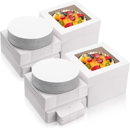 40 Boîtes à Gâteaux avec Fenêtre, 10” x 10” x 8” Ensemble de Boîtes de Pâtisserie Hautes Blanches (20pcs Boîtes & 20pcs Plateaux), Boîte à Gâteaux en Carton pour Pâtisserie, Gâteaux, Pâtisseries