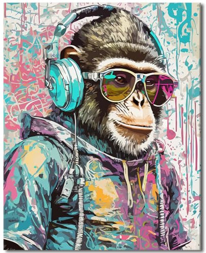 Graffiti Singe Couleur par numéro pour adultes, Kits de peinture à l'huile numérique DIY sur toile avec pinceaux et pigment acrylique, style dessin animé animal pour la décoration murale de la maison,
