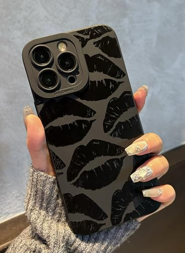 Jusnfu Schutzhülle für iPhone 16 Pro Max, 6,9 Zoll, 2024, ästhetischer Lippen-Druck, Handyhülle für Damen, Mädchen, Herren, Silikon-Schutzhülle für iPhone 16 Pro Max, Schwarze Lippen