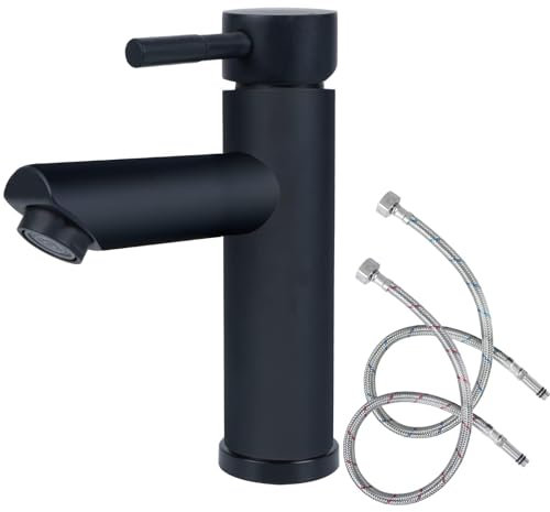 Minnhua Rubinetto Lavabo Bagno Nero Acciaio Inox Rubinetto Bidet per Cucina con Tubo di Collegamento Rubinetto Lavandino Bagno Fredda e Calda Regolabile