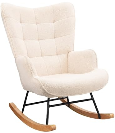 LONELYO Fauteuil à Bascule, Rocking Chair en Tissu Teddy Beige, Fauteuil de Salon avec Assise Rembourrée, Dossier Carré avec Accoudoirs Confortables, Idéal pour Salon et Chambre, Coin Lecture