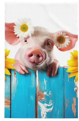 Super saugfähige Küchentücher, 66 x 40,6 cm, lustiges Schwein auf dem Holzbrett, rustikale Sonnenblume, Bauernhaus, Waffelgewebe, Geschirrtuch zum Reinigen und Trocknen