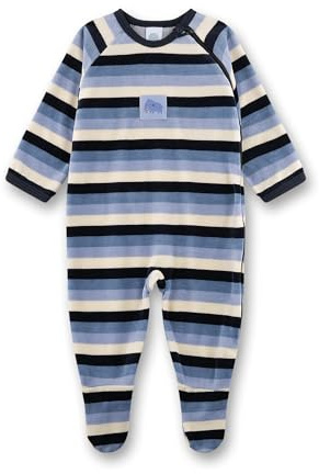 Sanetta Baby-Strampler blau geringelt Mammut aus Nicki | Praktischer und bequemer Strampler aus Nicki für Jungen.