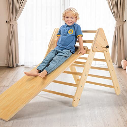 Ogelo Kinderklettergerüst Indoor, Klettergerüst für Kinder 1-12 Jahre, 5-in-1 Kletterdreieck mit Rutsche, Schaukel & Sprossenwand | Aus Holz | Tragfähig 50kg | Montessori Spielgerät