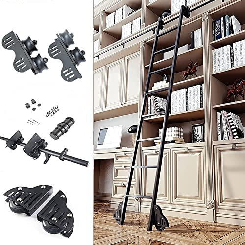 WUNMSKZR Rolling ladder Complete Set of Hardware Library Retractable Extension Rail (No Ladder) with Floor Roller Wheels Round Tube Mobile Ladder Track Sliding Barn Door Kit for Loft/Home/In