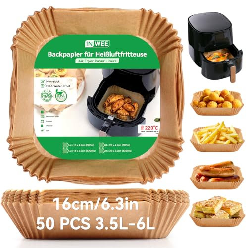 Inwee 50PCS Air Fryer Liners, 6.3 inch Square Air Fryer Paper Liners Disposable, Compatible with COSORI, Ninja, Tefal, Tower Air Fryers, Non-Stick Greaseproof Air Fryer Accessories, Unbleached