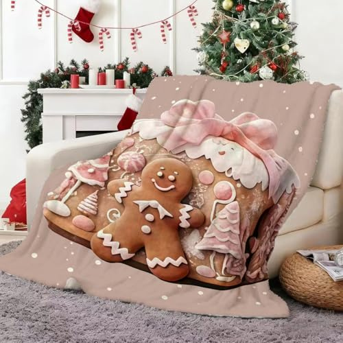 APPCRFM Couverture de Noël - 150 x 100 cm - En flanelle douce - Avec joli gâteau au gingembre pour canapé, lit, fête, cadeau amusant pour Noël (rose/marron)