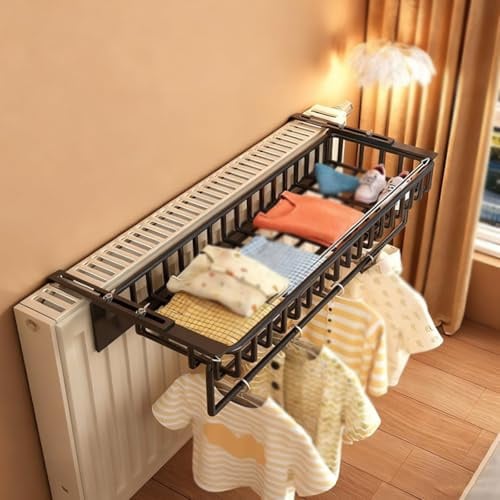 Tablette de Radiateur Ajouré, Étendoir à Linge pour Balcon, Rambarde, Rebord de Fenêtre, Salon, Chambre, Sans Perçage(Black,60cm/24in)