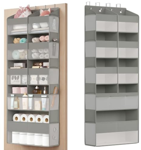 SONGMICS Tür-Organizer, 9 Fächer, Hängeregal, Hängeorganizer faltbar, Hängeaufbewahrung, 4 Metallhaken, Türregal, durchsichtig, Taubengrau RDH009GD01