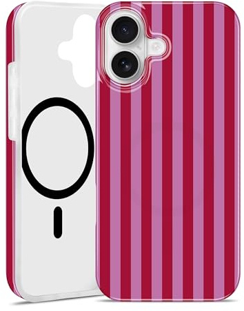 Jusy Magnetic Case for iPhone 16 [Compatible with MagSafe] Cute Striped Pattern Aesthetic Design, Soft Slim TPU Protective Phone Cover - Red