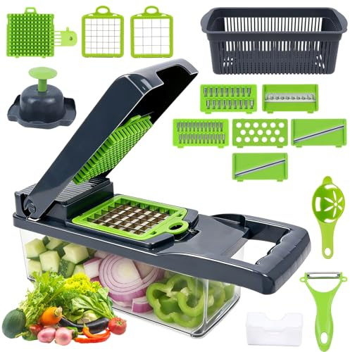 16-in-1 Vegetable Chopper & Mandoline Slicer – Multi-Function Veg Cutter with Storage Container, Drain Basket, Safety Hand Guard & Fine/Coarse Julienne Blades