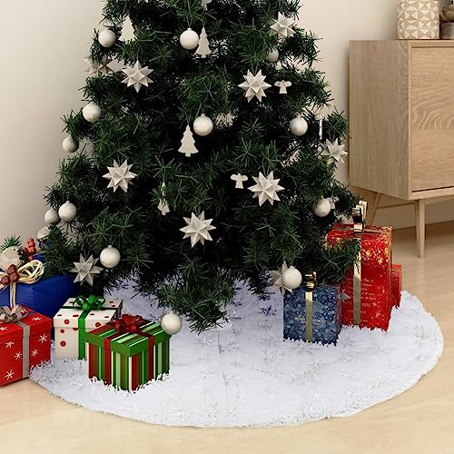 Gonna per albero di Natale, colore bianco, diametro 150 cm, con pelliccia sintetica e fiocco di neve, protezione per il pavimento, per soggiorno, decorazione e base regalo per Natale e Avvento