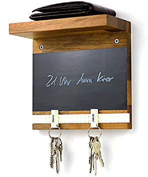 Schlüsselbrett Play 205 Holz für die ganze Familie | Schlüsselboard mit Ablage | Schlüsselleiste Nussbaum mit 5 Schlüsselanhängern zum selbst beschriften | Memoboard Tafel mit Kreidestift | weiß