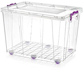 Large Plastic Storage Box with lid on wheels, This Container for Multi Purpose use. Food Safe, Clip Locked, Stackable and BPA Free. size: 61 x 39.5 x 32cm (Clear, 50 Litre)